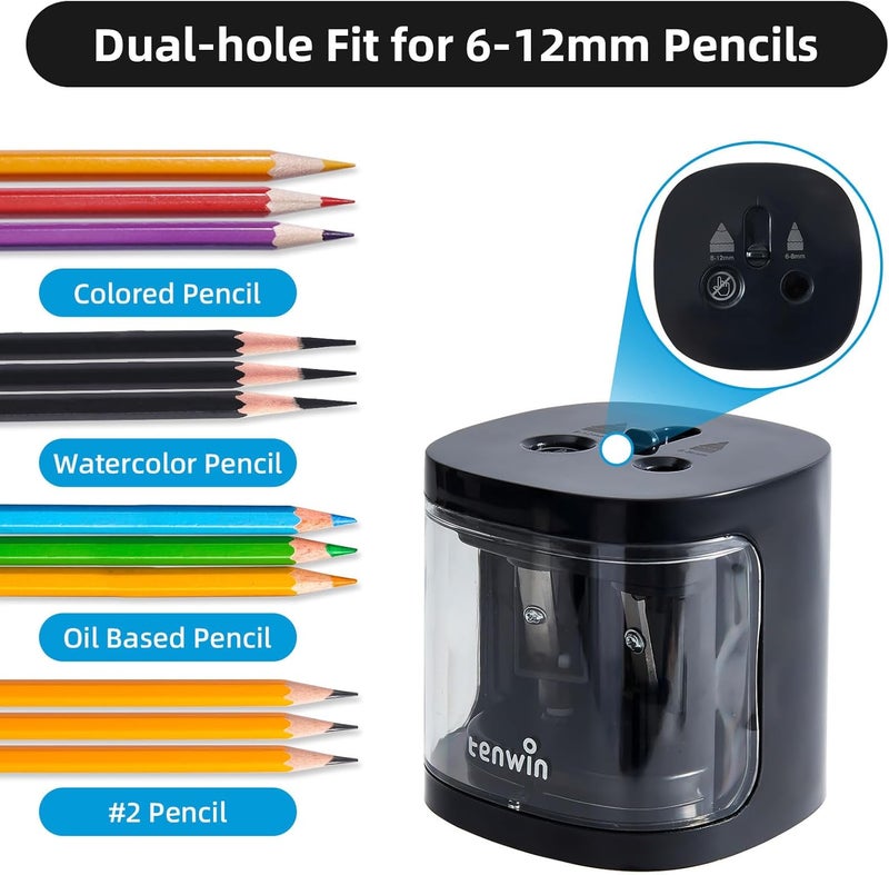 tenwin Electric Pencil Sharpener, Dual Hole Pencil Sharpeners Battery Powered, Small&Portable, Fit for 6-12mm No.2/Colored Pencils, Kids, School/Home (Black) - Image 2